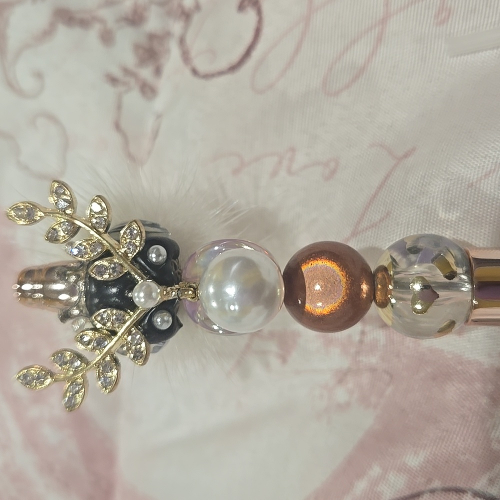 Elegant Pearl and Crystal With Pom Pom On The Back Bead Pen Includes Extra Ink